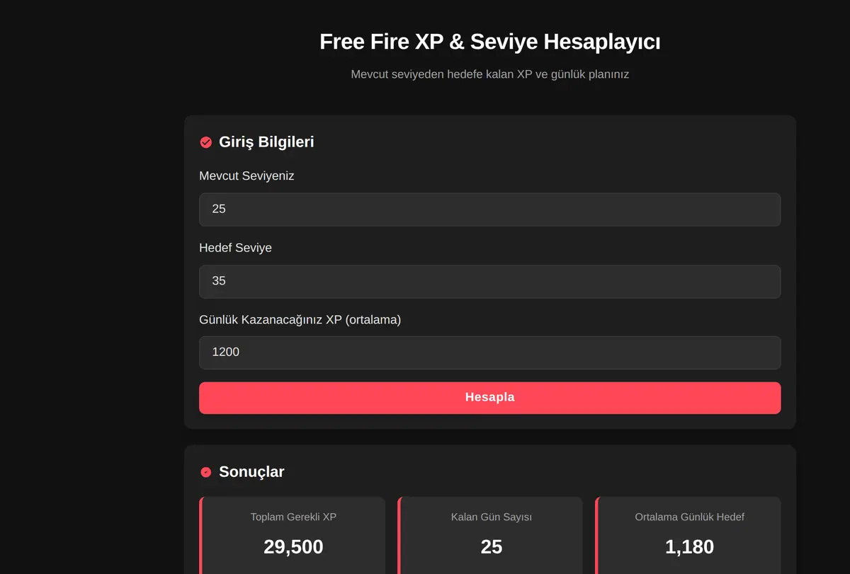 Free Fire XP & Seviye Hesaplayıcı ekran görüntüsü