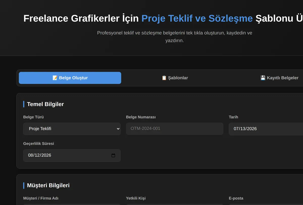 Freelance Grafikerler İçin Proje Teklif ve Sözleşme Şablonu Üretici ekran görüntüsü