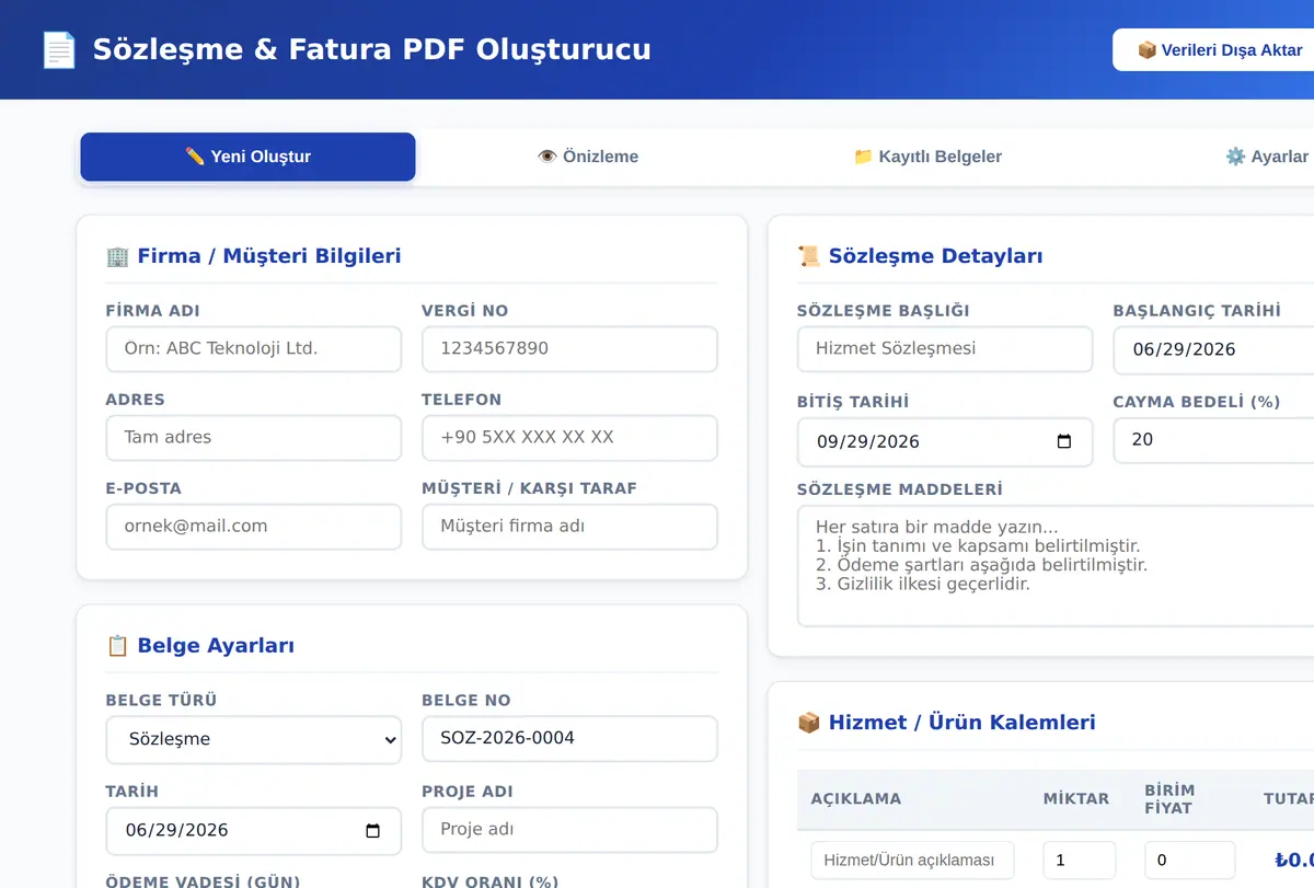 Sözleşme Oluşturucu ekran görüntüsü
