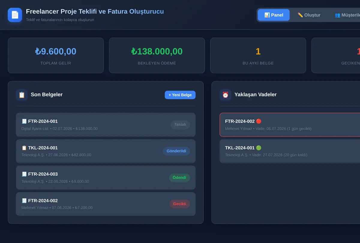 Freelancer Proje Teklifi ve Fatura Oluşturucu ekran görüntüsü