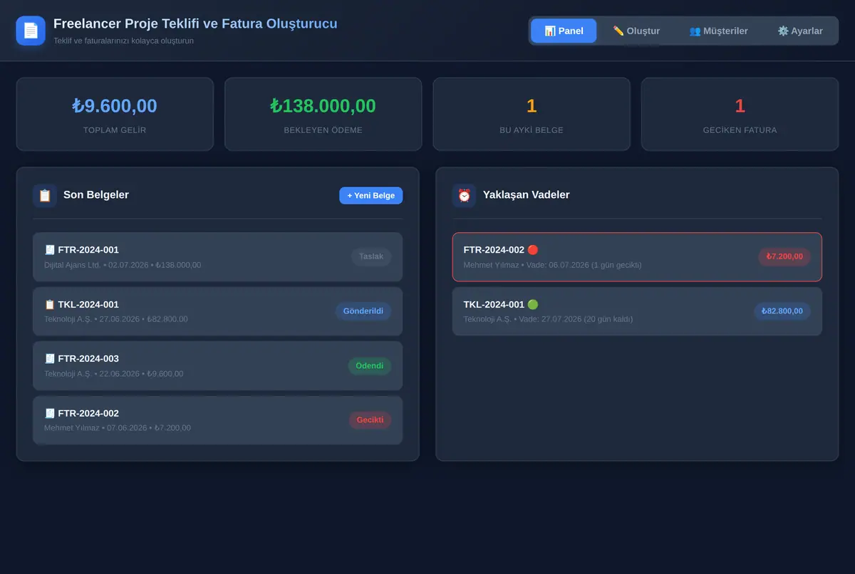 Freelancer Proje Teklifi ve Fatura Oluşturucu ekran görüntüsü 2
