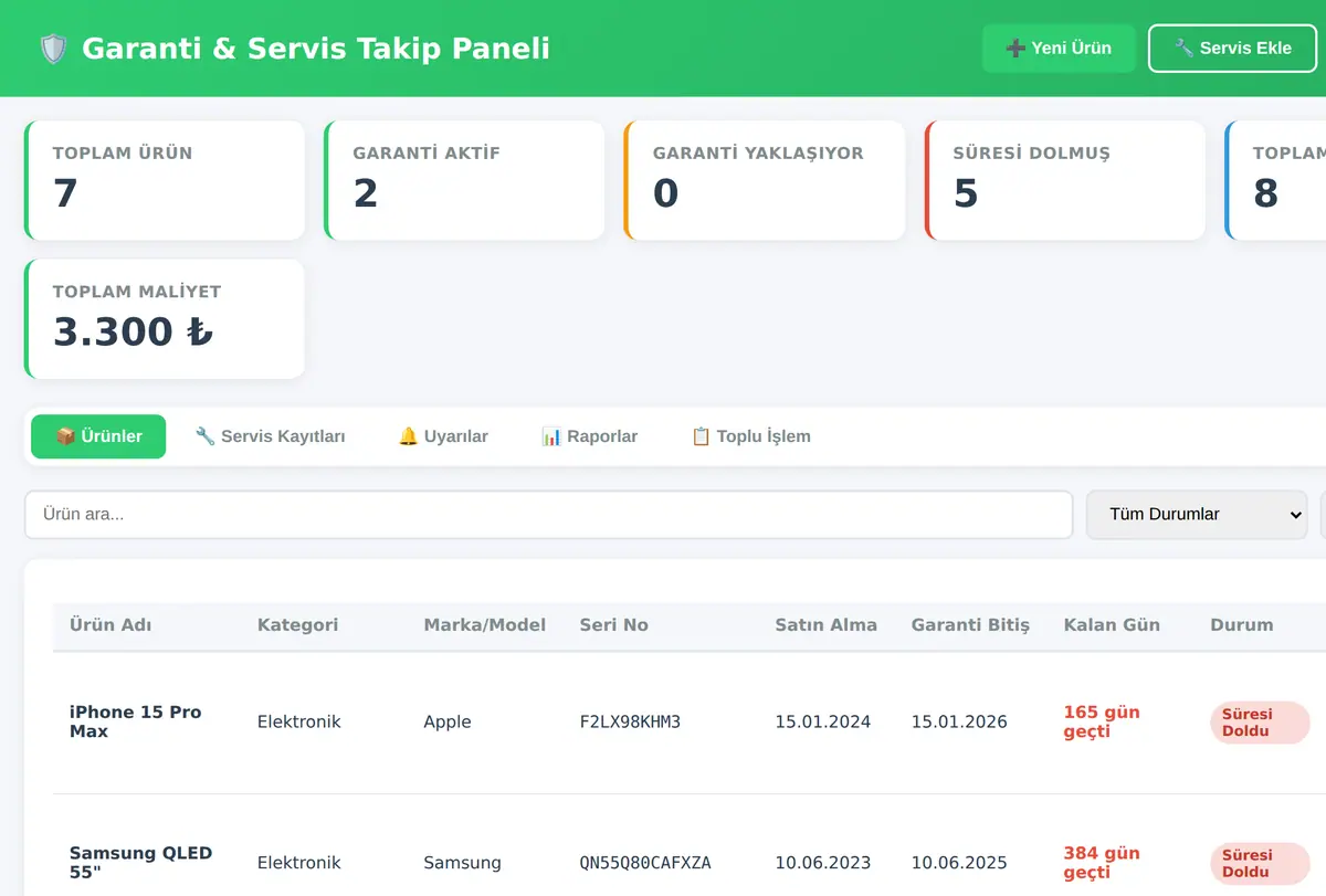 Garanti & Servis Takip Paneli ekran görüntüsü