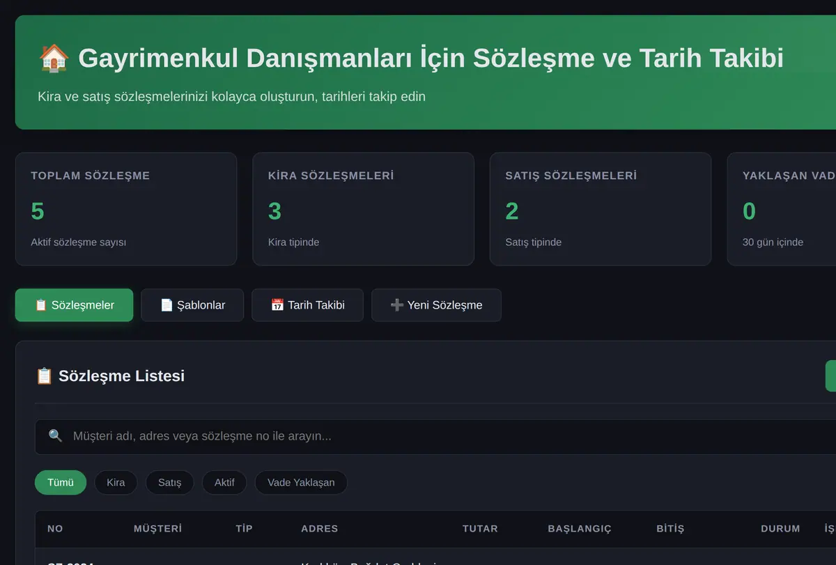 Gayrimenkul Danışmanları İçin Sözleşme ve Tarih Takibi ekran görüntüsü