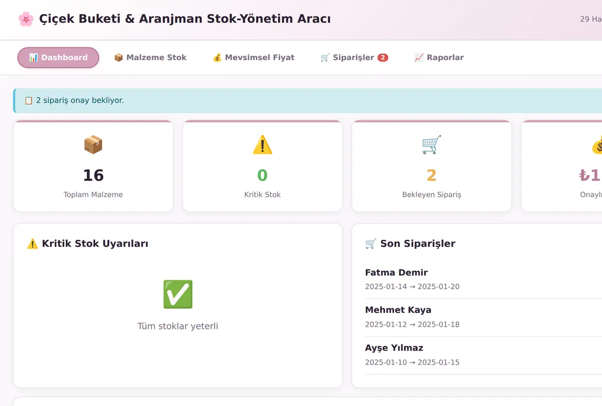 Çiçek Buketi & Aranjman Stok-Yönetim Aracı ekran görüntüsü