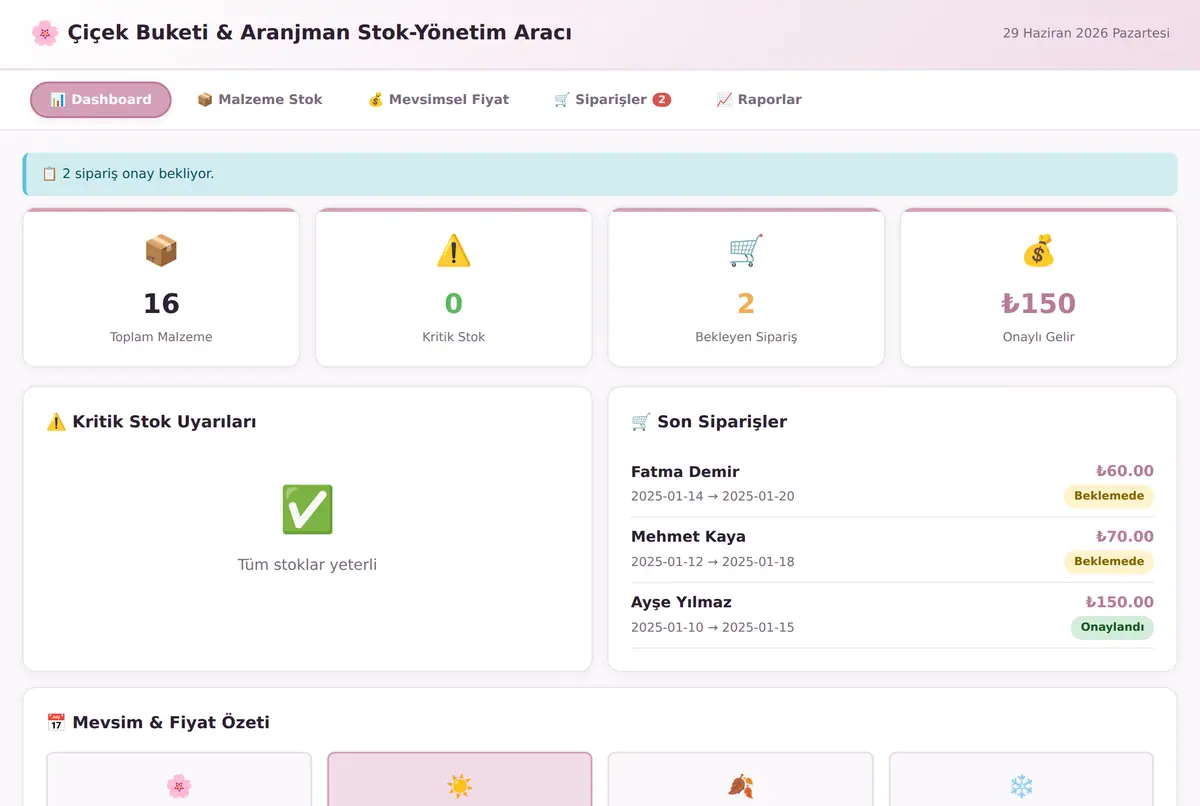 Çiçek Buketi & Aranjman Stok-Yönetim Aracı ekran görüntüsü 2