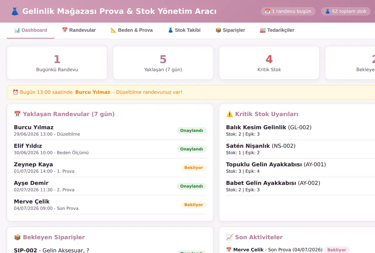 Gelinlik Mağazası Prova & Stok Yönetim Aracı ekran görüntüsü