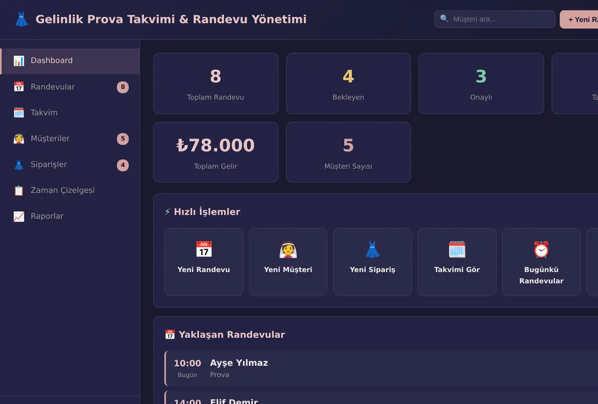 Gelinlik Prova Takvimi & Randevu Yönetimi ekran görüntüsü