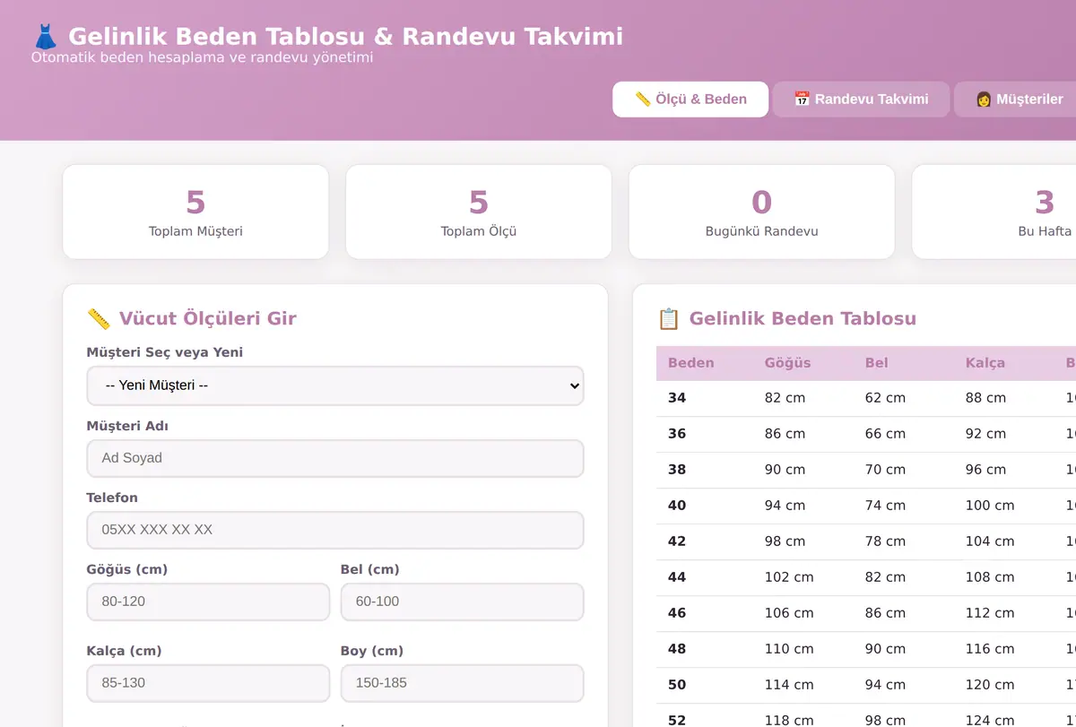 Gelinlik Beden Tablosu & Randevu Takvimi ekran görüntüsü