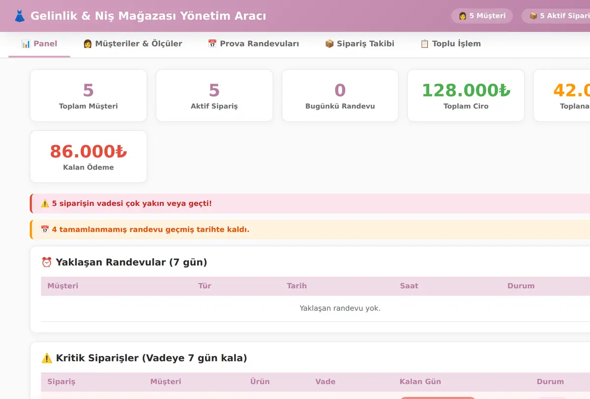 Gelinlik & Niş Mağazası Yönetim Aracı ekran görüntüsü