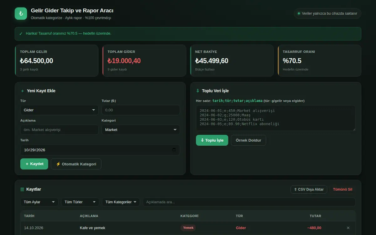 Gelir-Gider Takip ve Rapor Aracı ekran görüntüsü