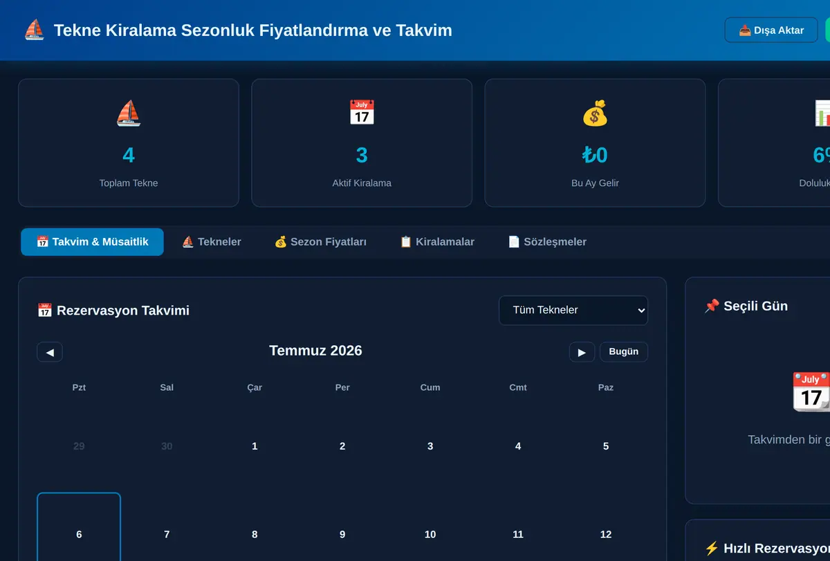 Tekne Kiralama Sezonluk Fiyatlandırma ve Takvim ekran görüntüsü