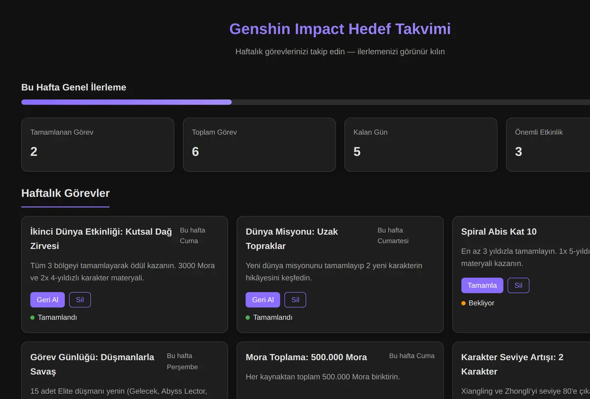Genshin Impact Hedef Takvimi ekran görüntüsü