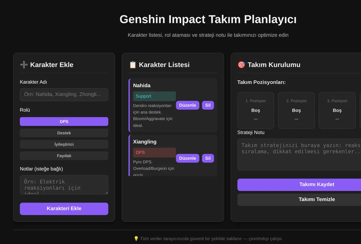 Genshin Impact Takım Planlayıcı ekran görüntüsü