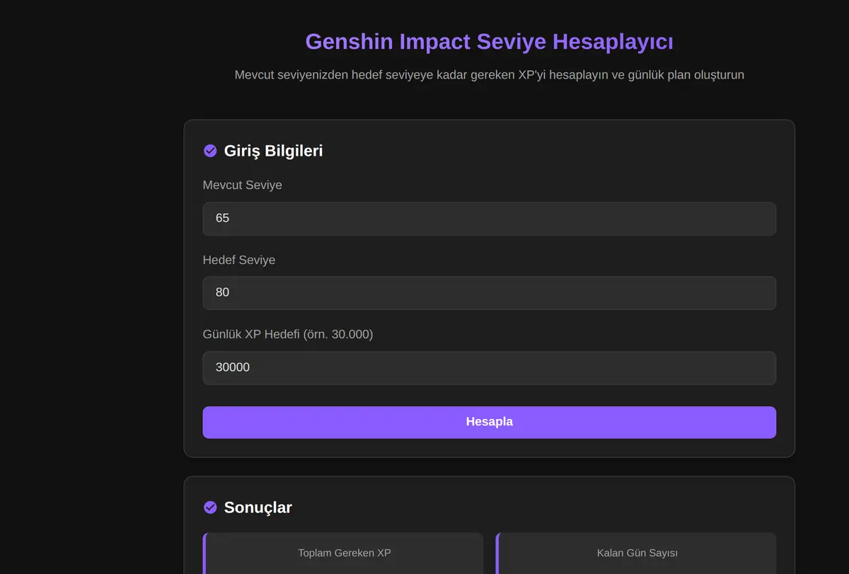 Genshin Impact Seviye Hesaplayıcı ekran görüntüsü