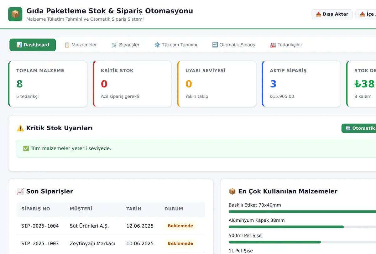 Gıda Paketleme Stok & Sipariş Otomasyonu ekran görüntüsü