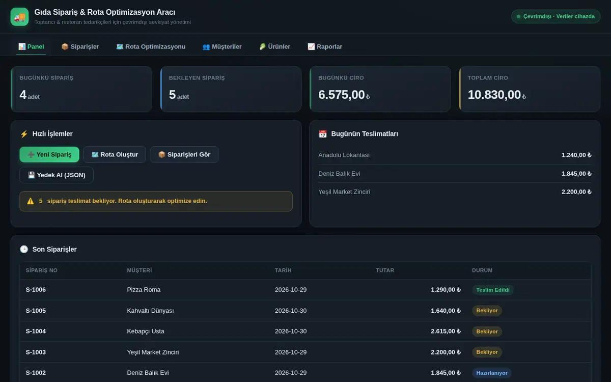 Gıda Tedarik Sipariş & Rota Optimizasyon Aracı ekran görüntüsü