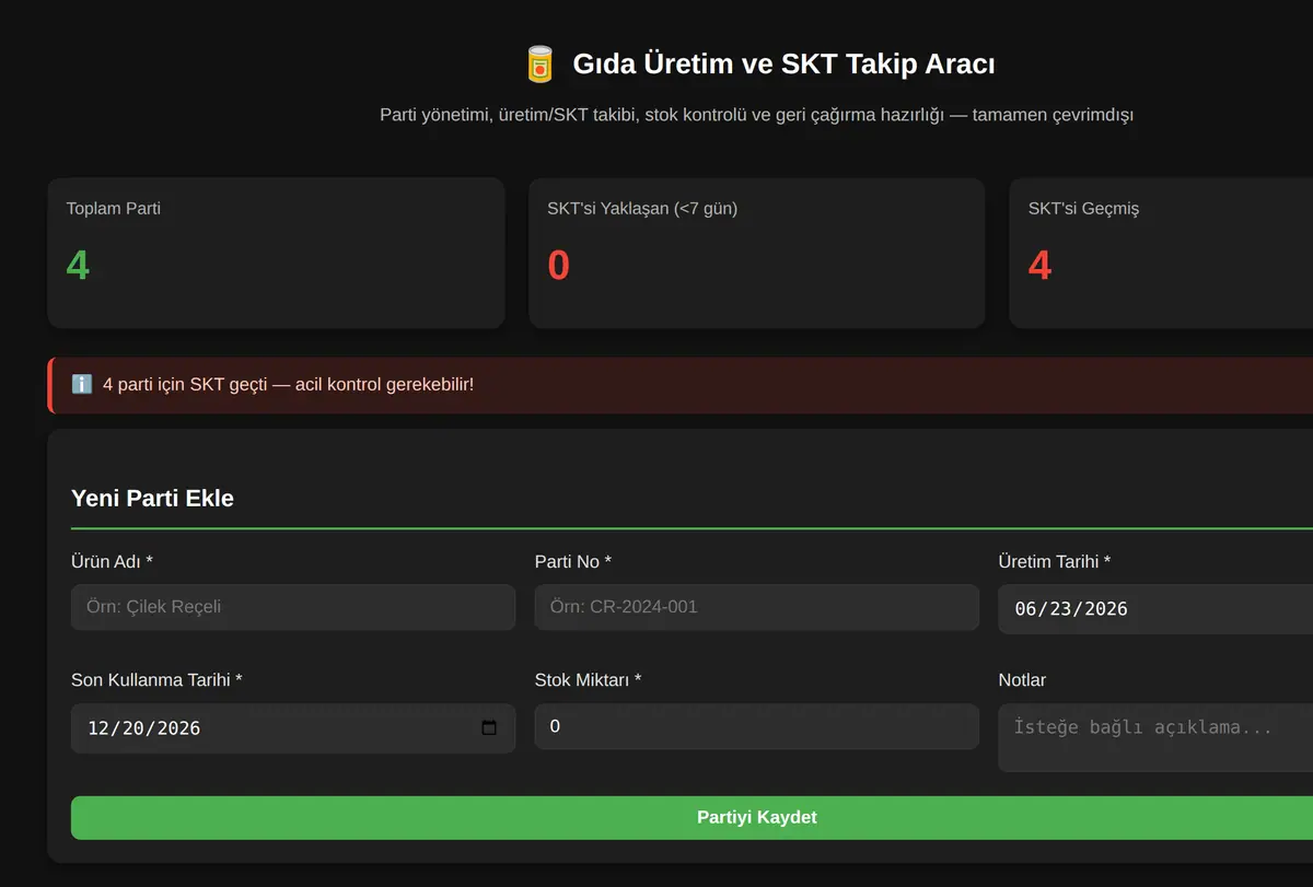 Gıda Üretim & SKT Takip Sistemi ekran görüntüsü