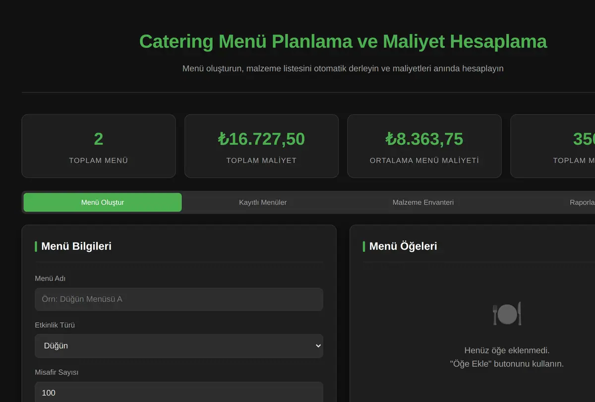 Restoran Menü Planlama ve Maliyet Aracı ekran görüntüsü