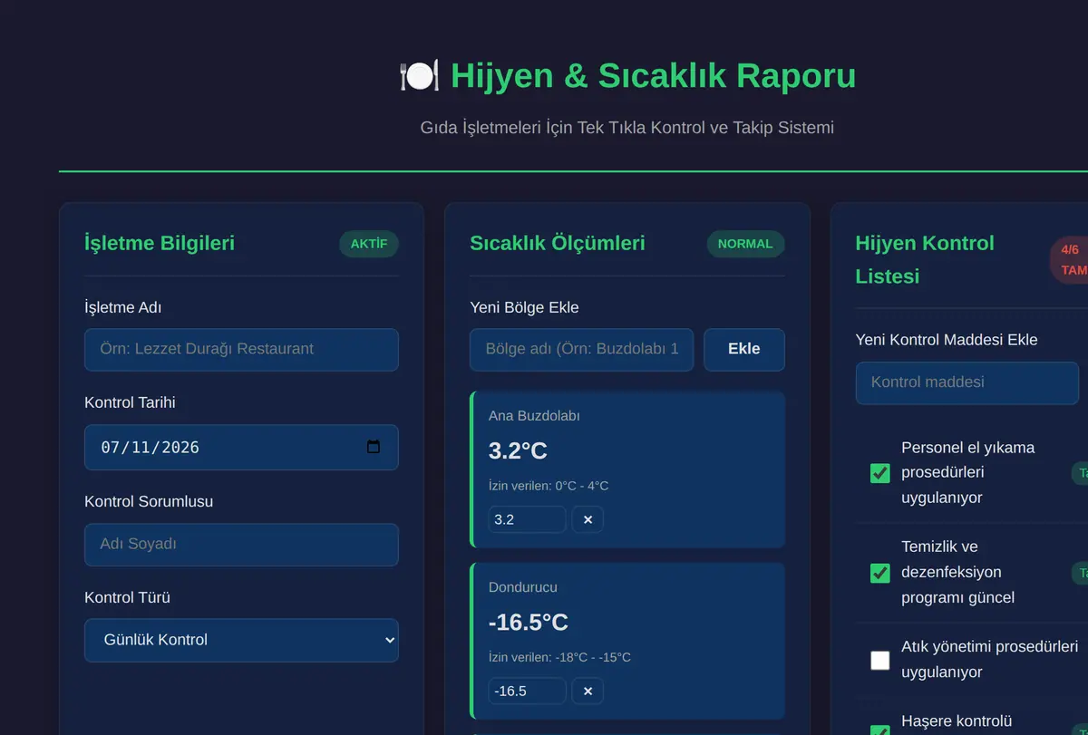 Hijyen & Sıcaklık Raporu: Gıda İşletmeleri İçin ekran görüntüsü