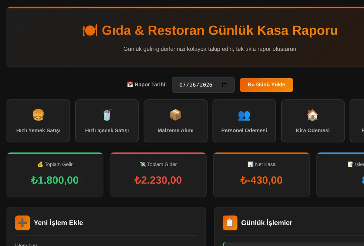 Gıda & Restoran Günlük Kasa Raporu Aracı ekran görüntüsü