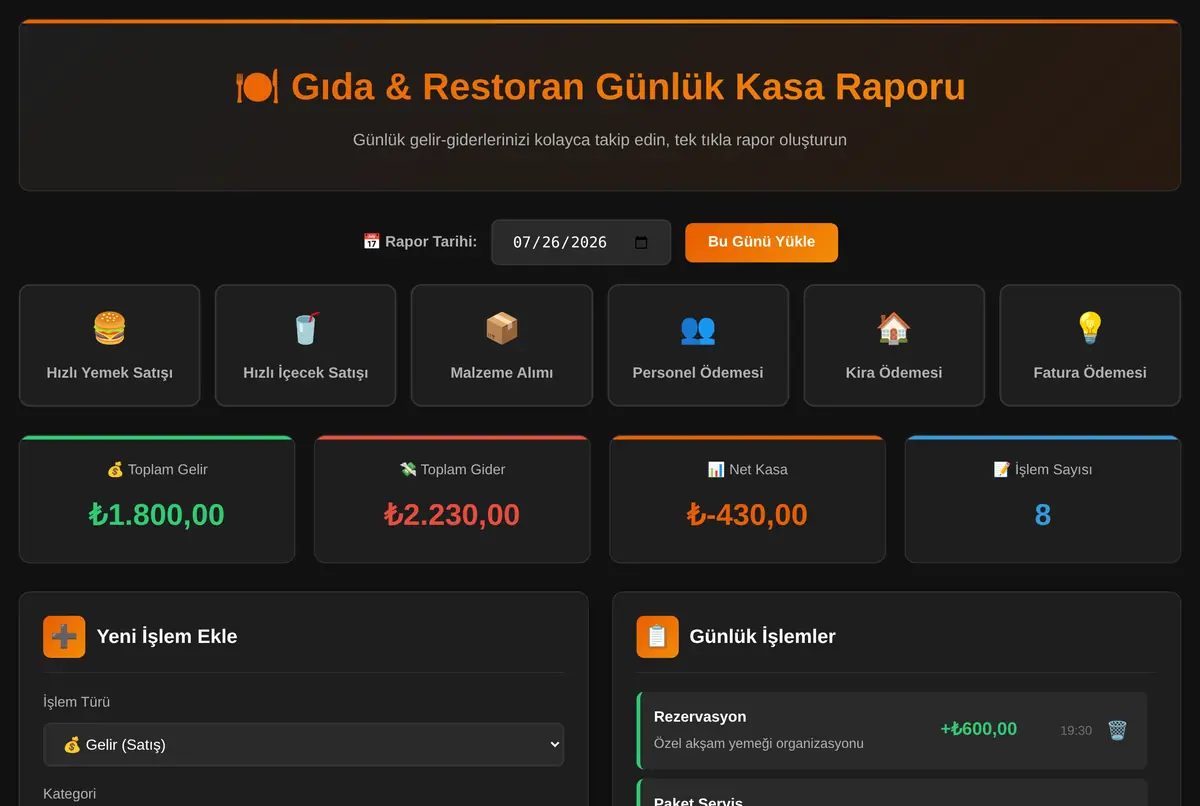 Gıda & Restoran Günlük Kasa Raporu Aracı ekran görüntüsü 2