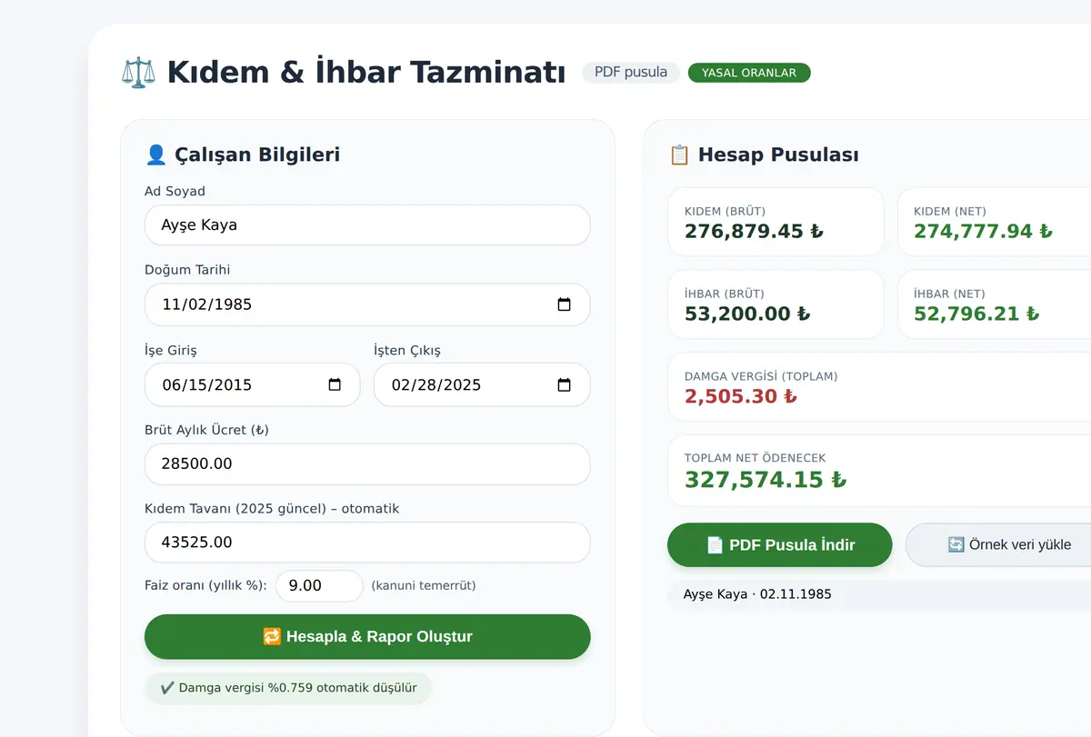 Kıdem ve İhbar Tazminatı Hesaplayıcı - PDF Pusu ekran görüntüsü