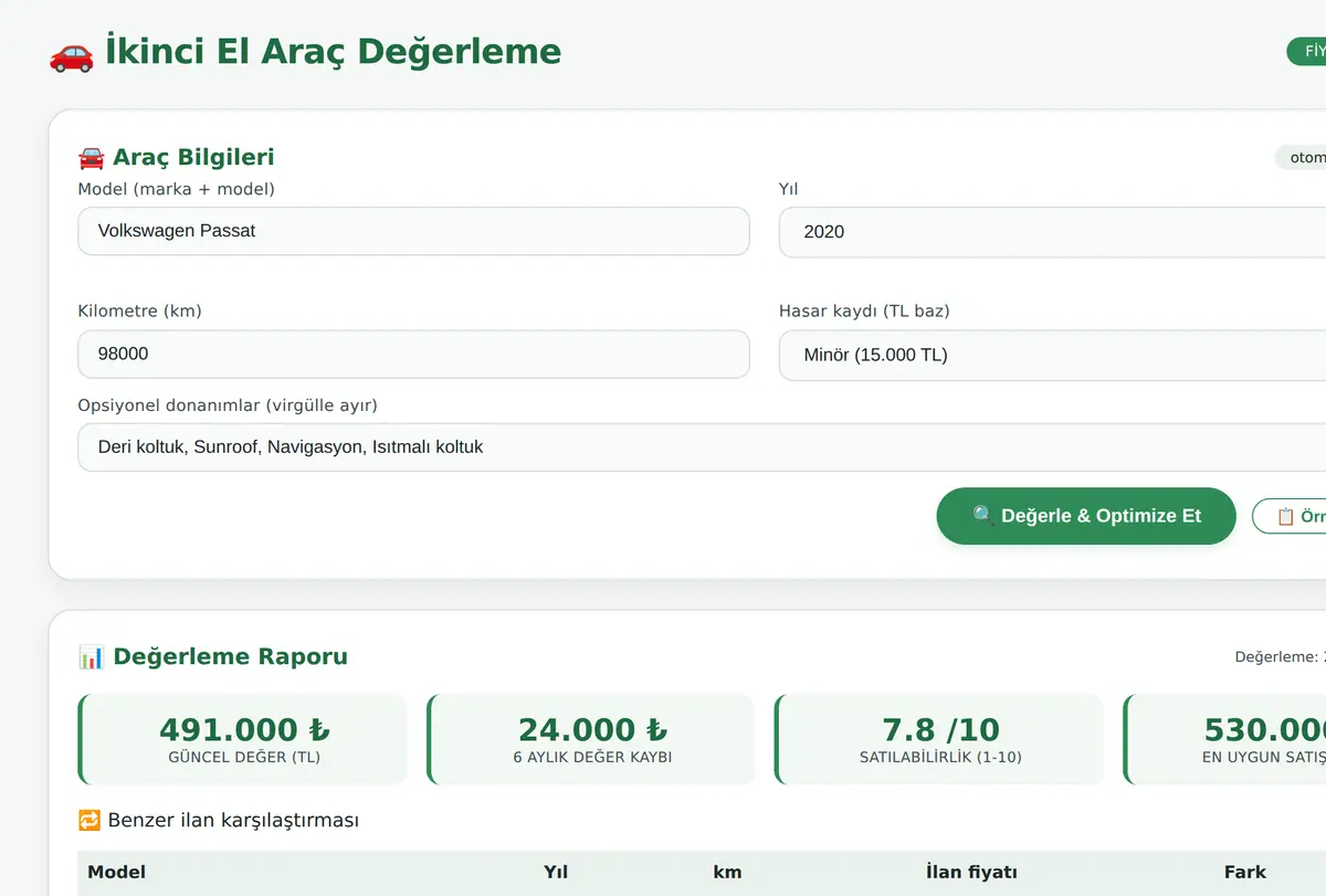 İkinci El Araç Değerleme ve Fiyat Optimizasyon ekran görüntüsü