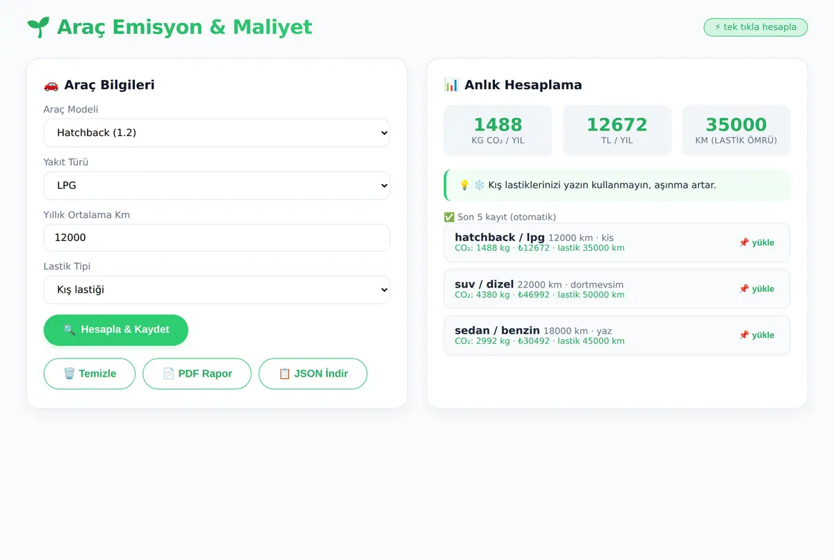 Araç Emisyon ve Yakıt Maliyeti Hesaplayıcı ekran görüntüsü 3
