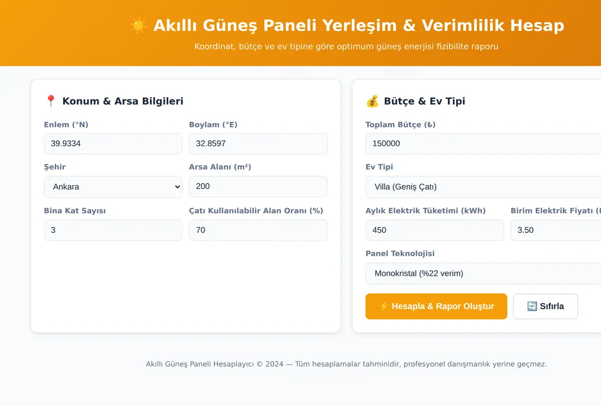 Akıllı Güneş Paneli Yerleşim & Verimlilik Hesap ekran görüntüsü