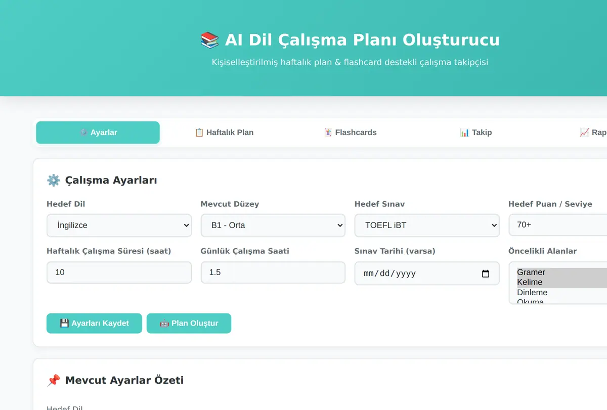 AI Dil Çalışma Planı Oluşturucu - Flashcard Tak ekran görüntüsü