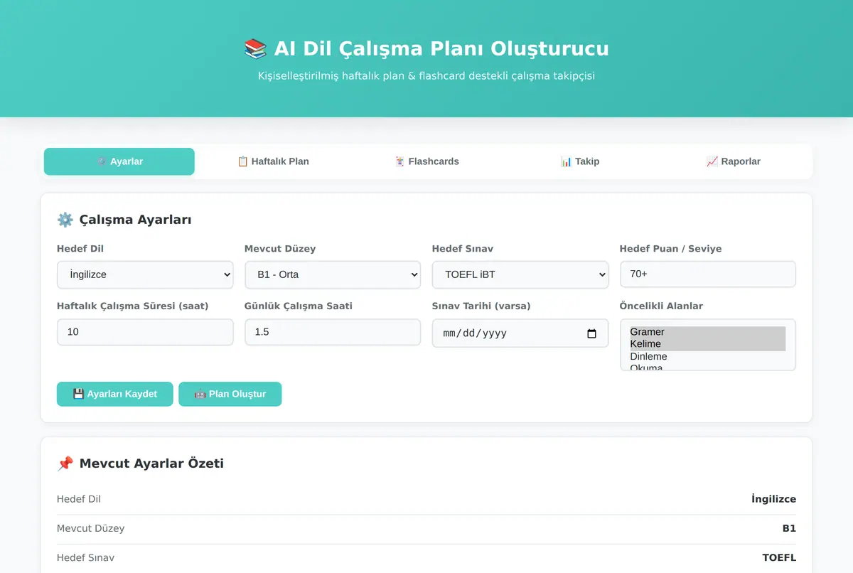 AI Dil Çalışma Planı Oluşturucu - Flashcard Tak ekran görüntüsü 2