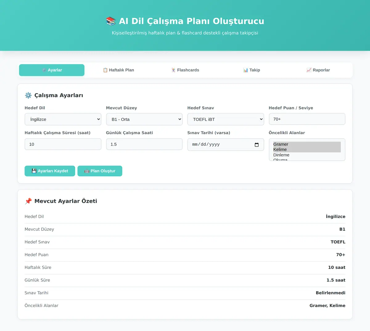 AI Dil Çalışma Planı Oluşturucu - Flashcard Tak ekran görüntüsü 3