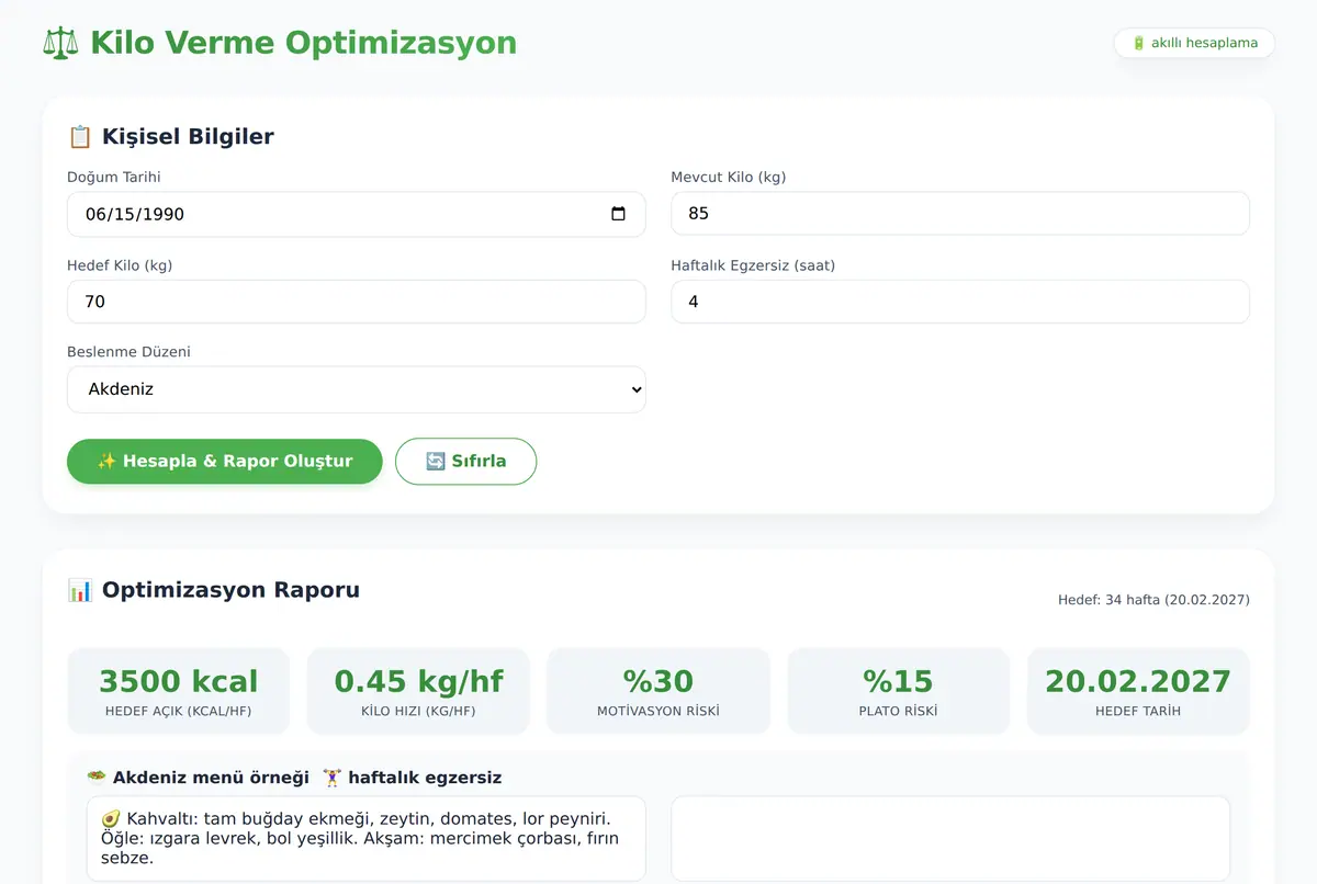 Kilo Verme Optimizasyon Hesaplayıcı ekran görüntüsü 2