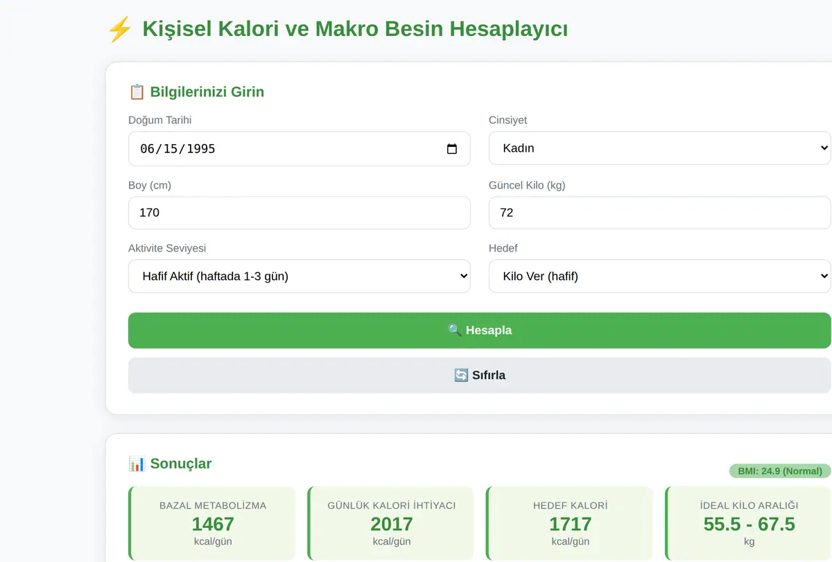 Kişisel Kalori ve Makro Besin Hesaplayıcı ekran görüntüsü