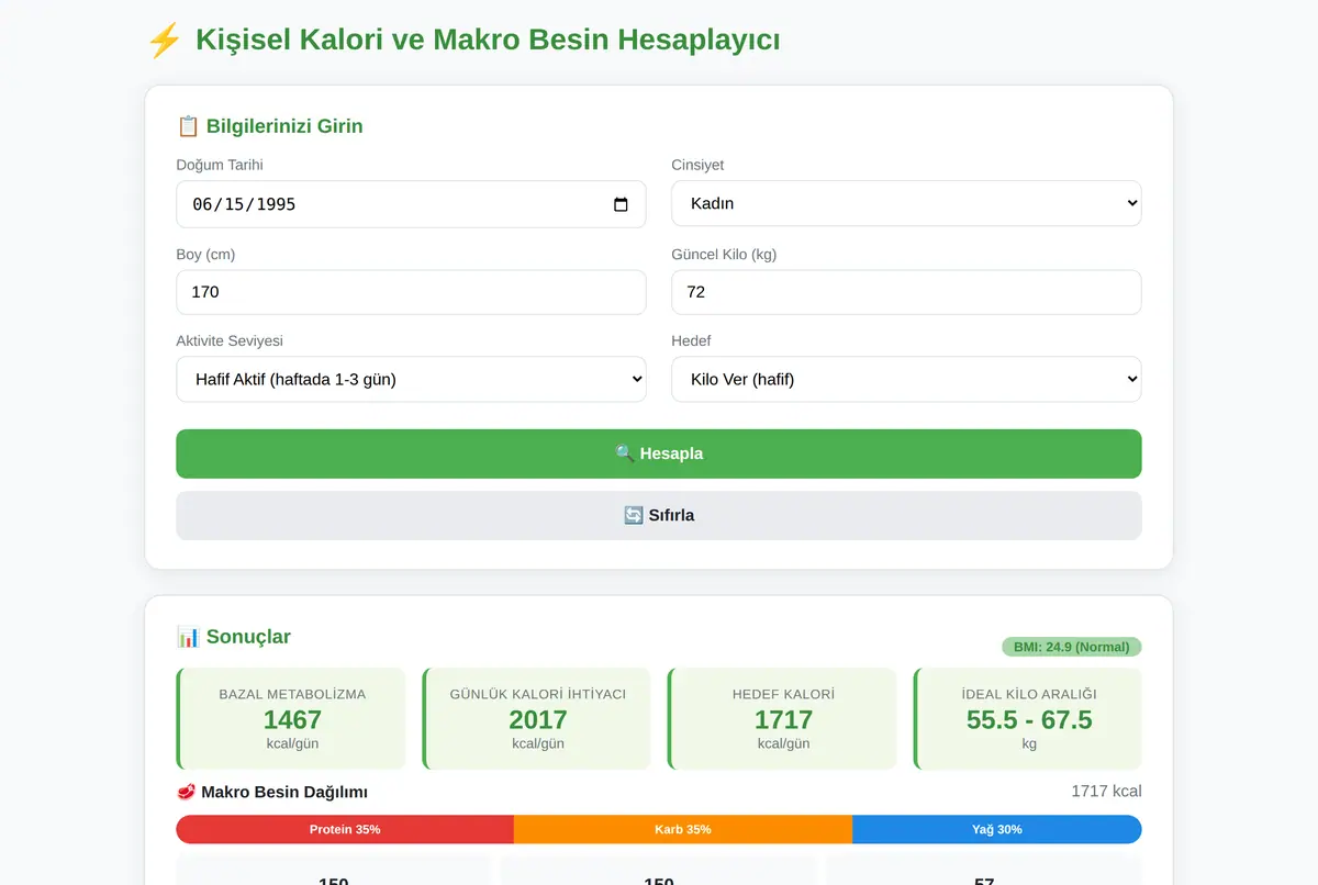 Kişisel Kalori ve Makro Besin Hesaplayıcı ekran görüntüsü 2