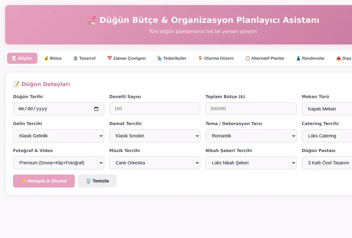 Düğün Bütçe & Organizasyon Planlayıcı Asistanı ekran görüntüsü