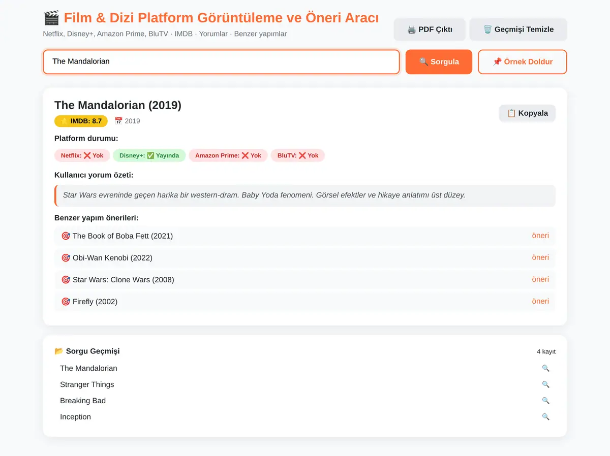 Film & Dizi Platform Görüntüleme ve Öneri Aracı ekran görüntüsü 3