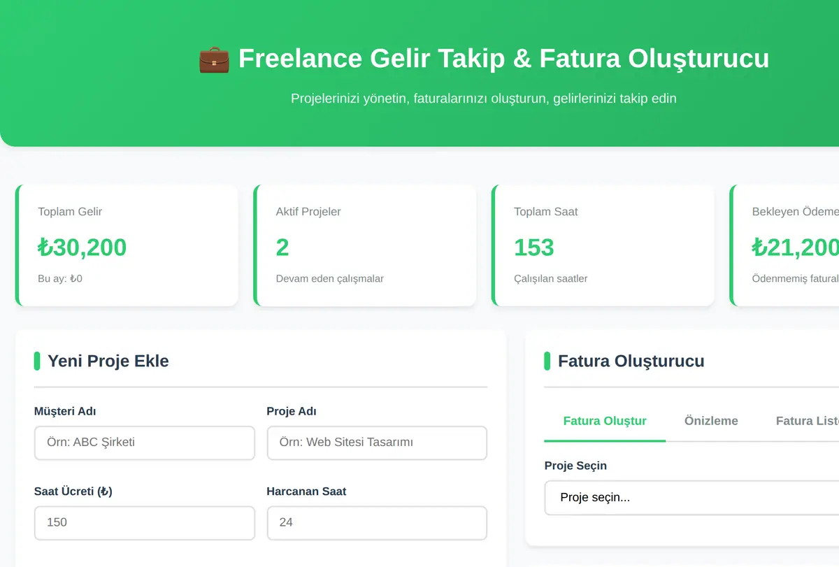 Freelance Gelir Takip & Fatura Oluşturucu ekran görüntüsü
