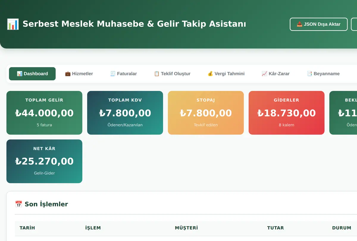Serbest Meslek Muhasebe & Gelir Takip Asistanı ekran görüntüsü