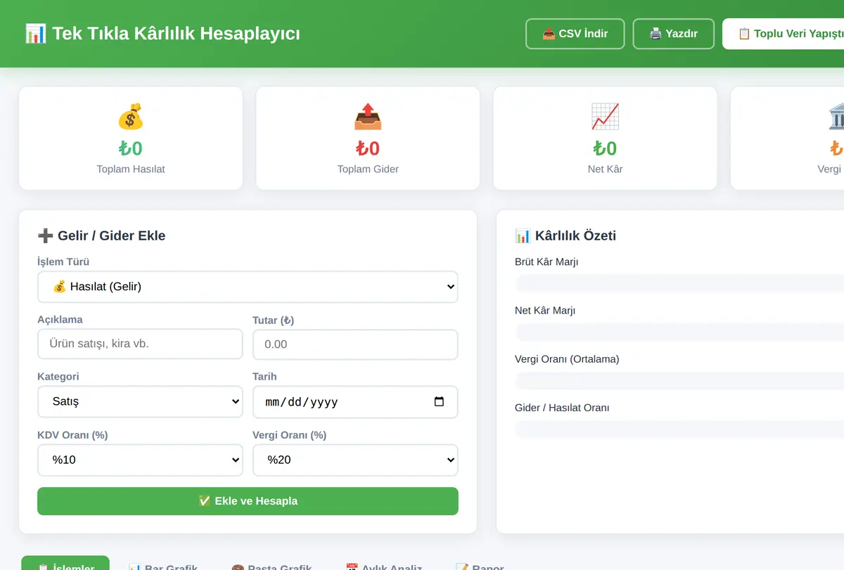 Tek Tıkla Kârlılık Hesaplayıcı ve Grafik Rapor ekran görüntüsü
