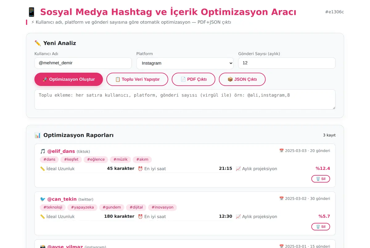 Sosyal Medya Hashtag ve İçerik Optimizasyon Aracı ekran görüntüsü 2