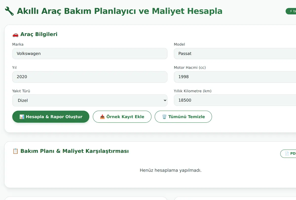 Akıllı Araç Bakım Planlayıcı ve Maliyet Hesapla ekran görüntüsü
