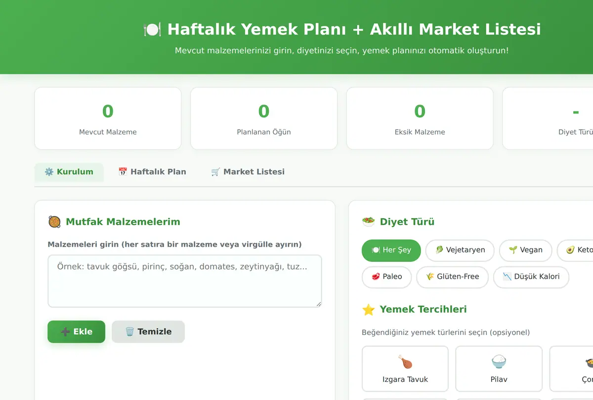 Haftalık Yemek Planı + Akıllı Market Listesi ekran görüntüsü
