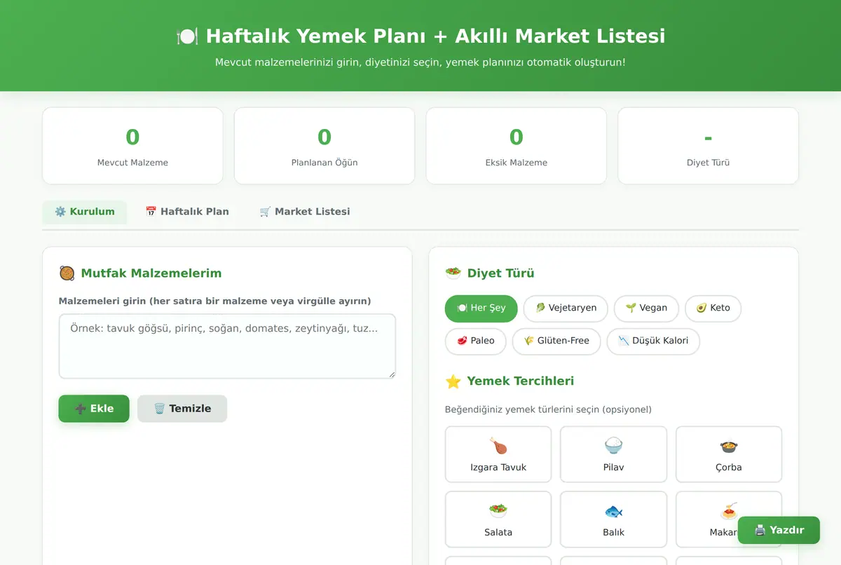 Haftalık Yemek Planı + Akıllı Market Listesi ekran görüntüsü 2