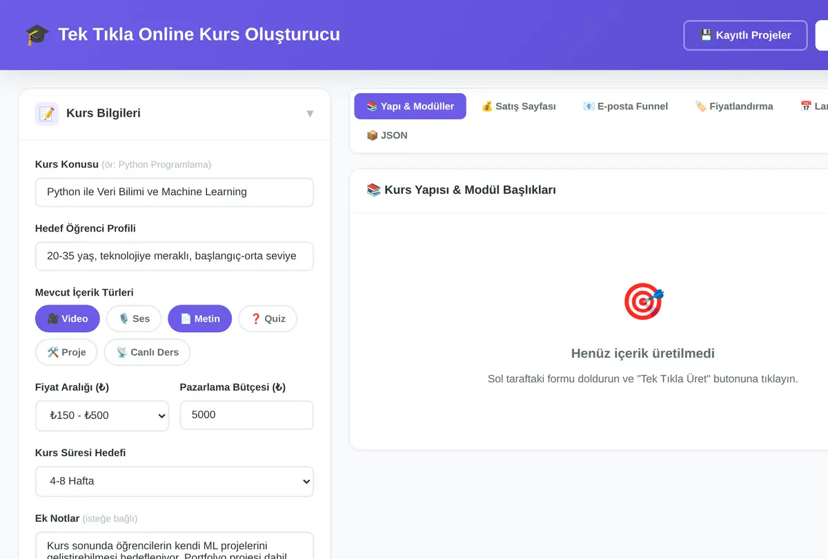 Tek Tıkla Online Kurs Oluşturucu - PDF+JSON Rehber ekran görüntüsü