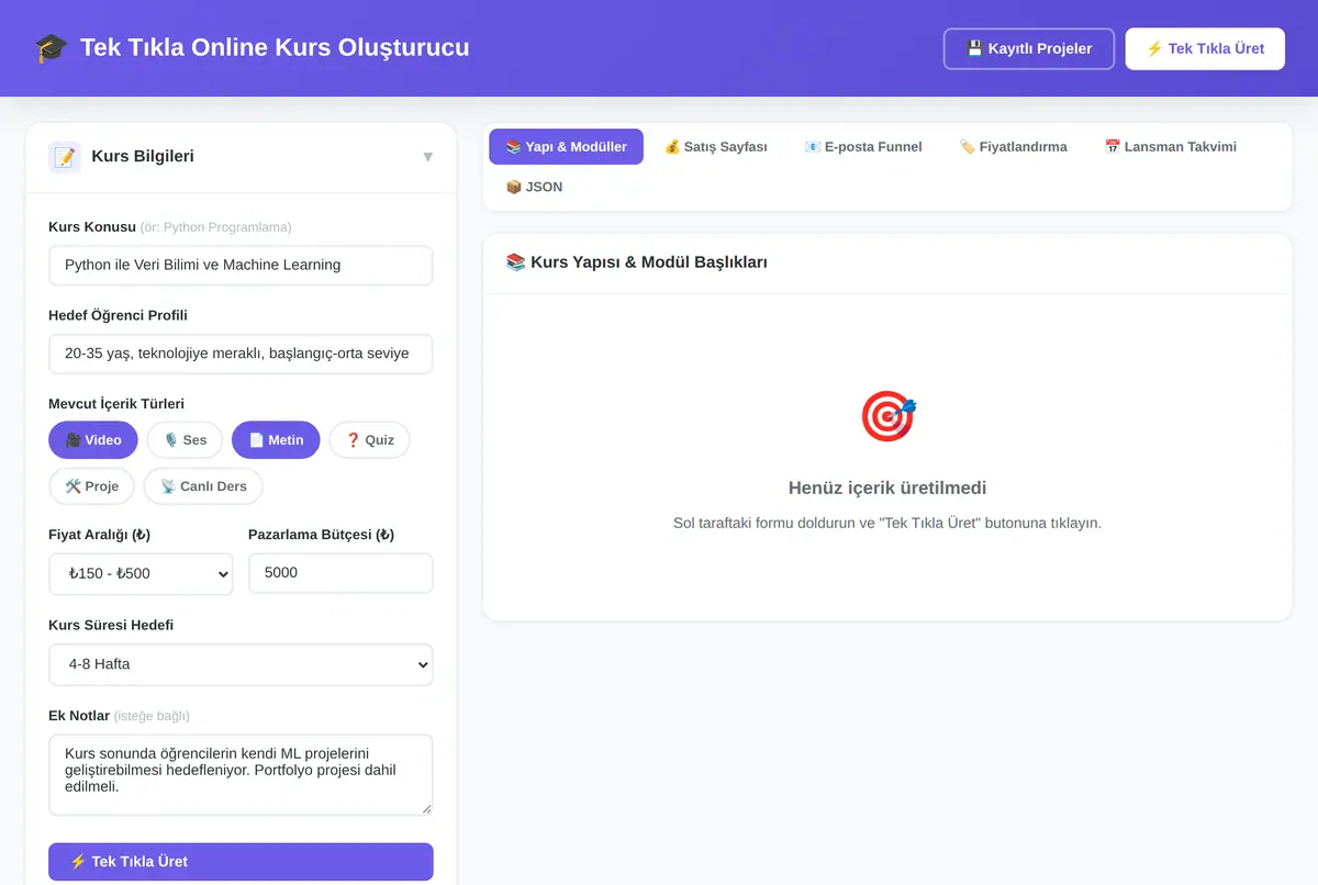 Tek Tıkla Online Kurs Oluşturucu - PDF+JSON Rehber ekran görüntüsü 2