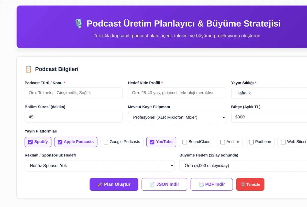 Podcast Üretim Planlayıcı & Büyüme Stratejisi ekran görüntüsü