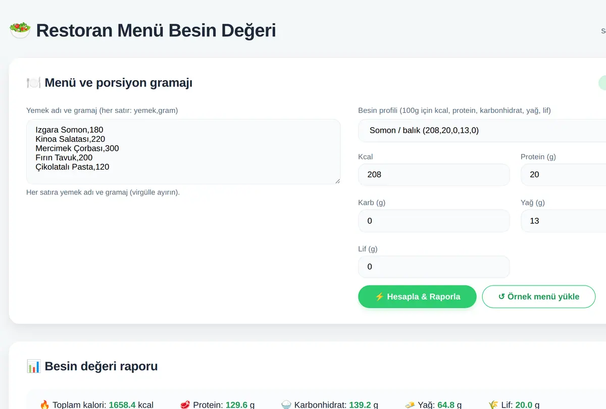 Restoran Menü Besin Değeri Hesaplama ve Sağlık ekran görüntüsü