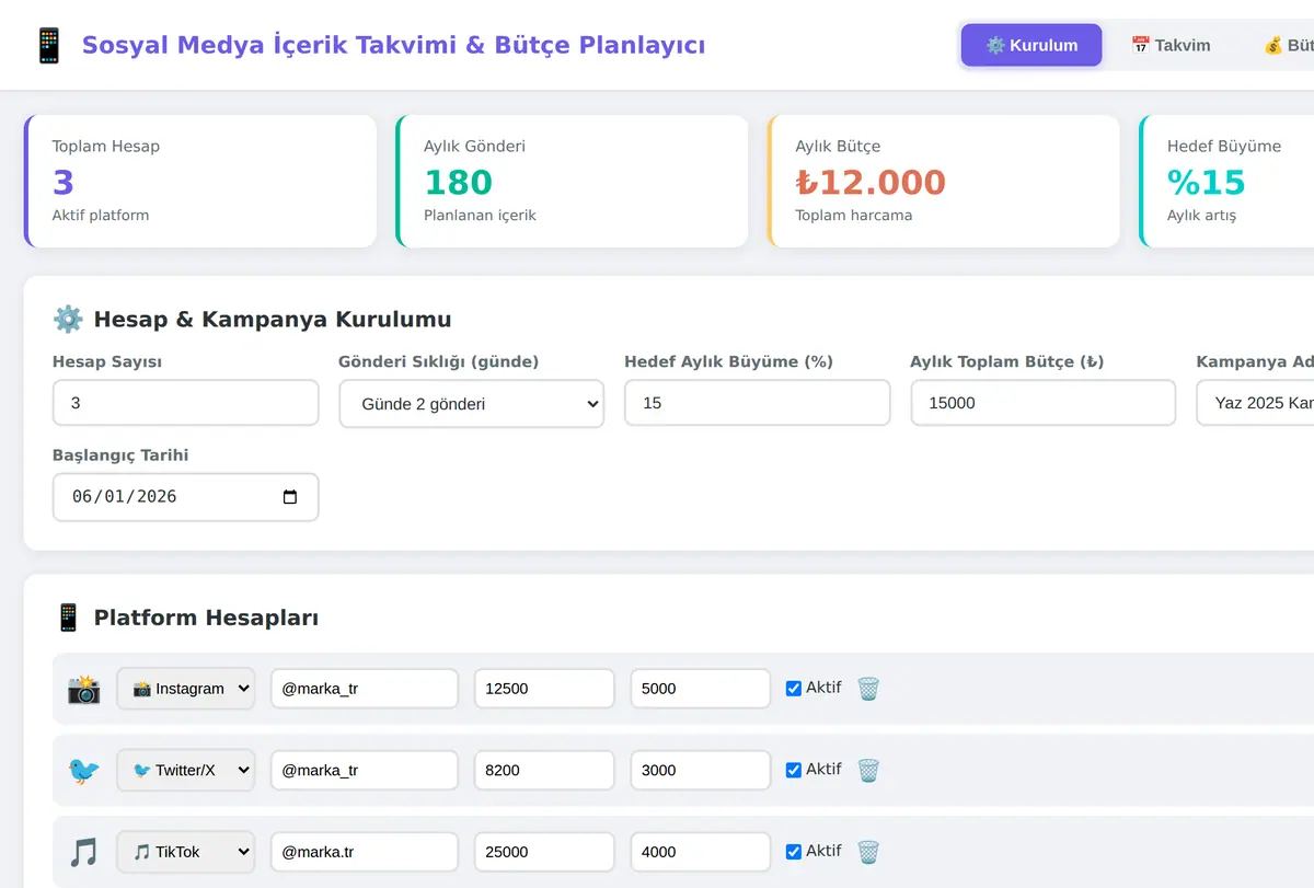 Sosyal Medya İçerik Takvimi & Bütçe Planlayıcı ekran görüntüsü