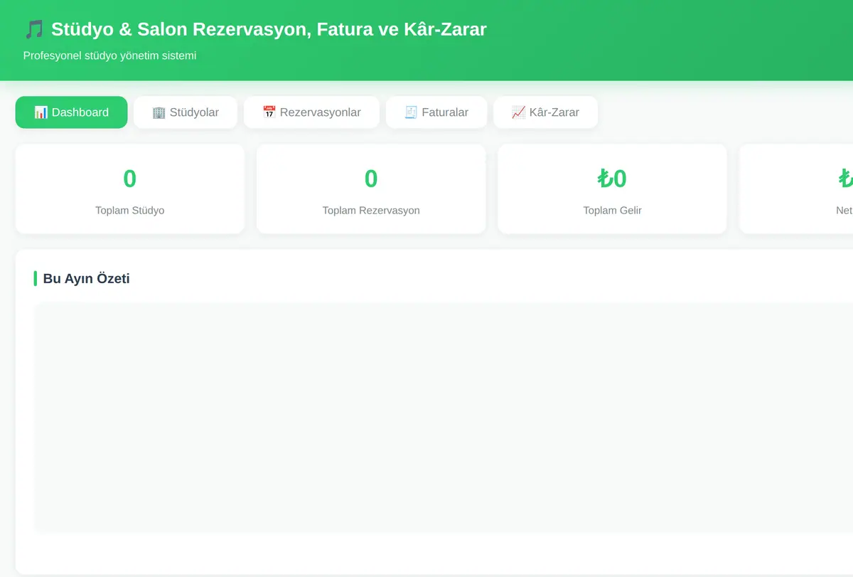 Stüdyo & Salon Rezervasyon, Fatura ve Kâr-Zarar ekran görüntüsü